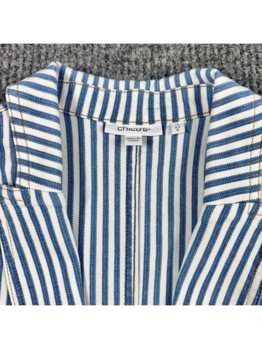 Chicos Open Front Denim Jacket Womens 1/Medium Blue White Striped Classic Fit - Picture 5 of 13